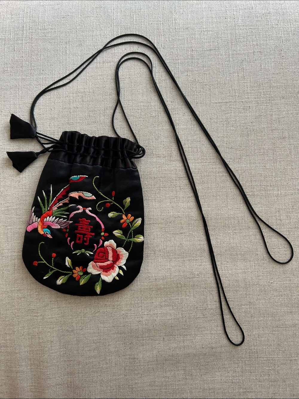 Brand New Black Multi Silk Asian Embroidered Crossbody Bag